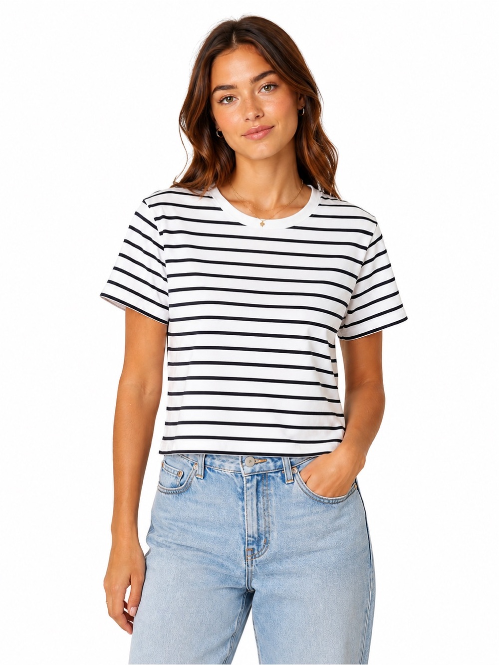 Abercrombie A&F Essentials Striped Skimming Crop Tee Short Sleeve S White Blue